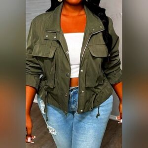 Plus Size Solid Color Drawstring Hem Jacket For Dailywear 1XL